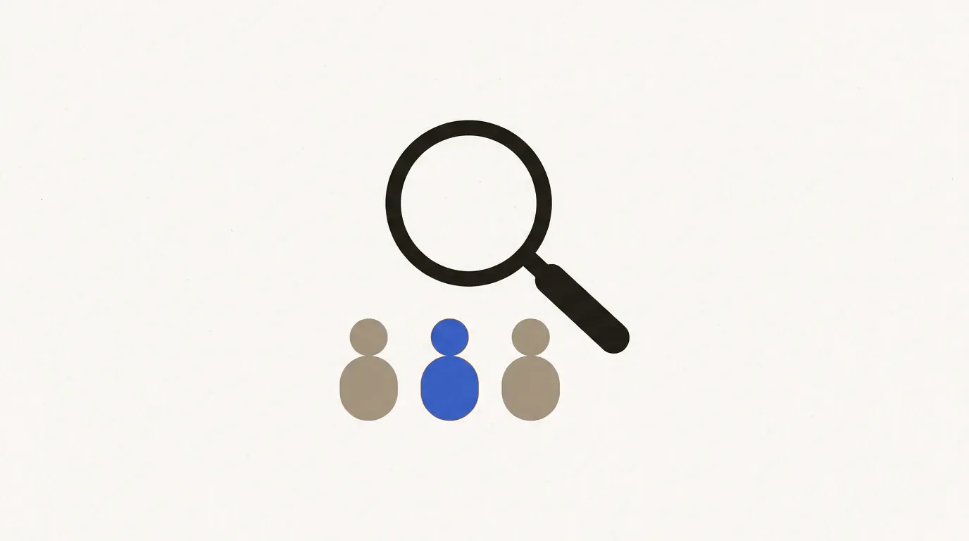 Illustration: a magnifying glass over three candidates — choosing the right AI consultant or coach