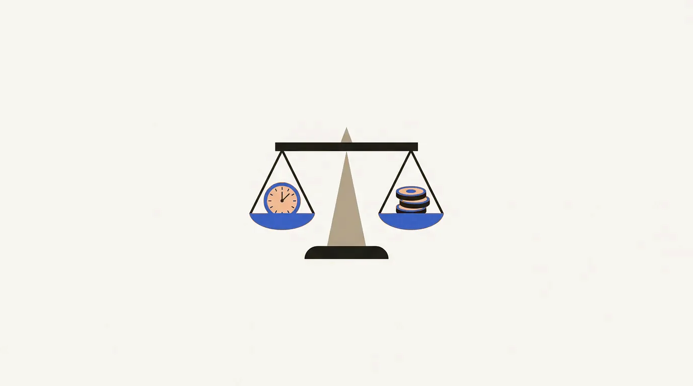 Illustration: a balance scale weighing a clock against coins — the cost of AI coaching versus the time it returns